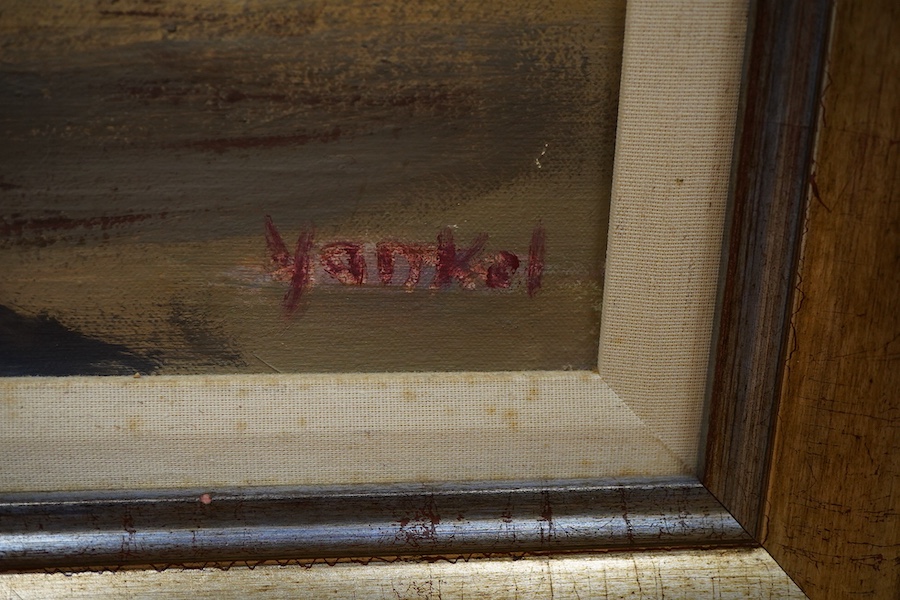 Yankel Feather (1920-2009), oil on canvas, 'Man and dog on beach', signed, inscribed verso with booklet on the artist, oil on canvas, 49 x 39cm